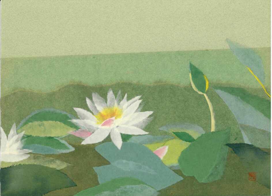 作品番号 734 ハスの花 (貼り絵) | 絵手紙の杜(Gallery of Watercolor