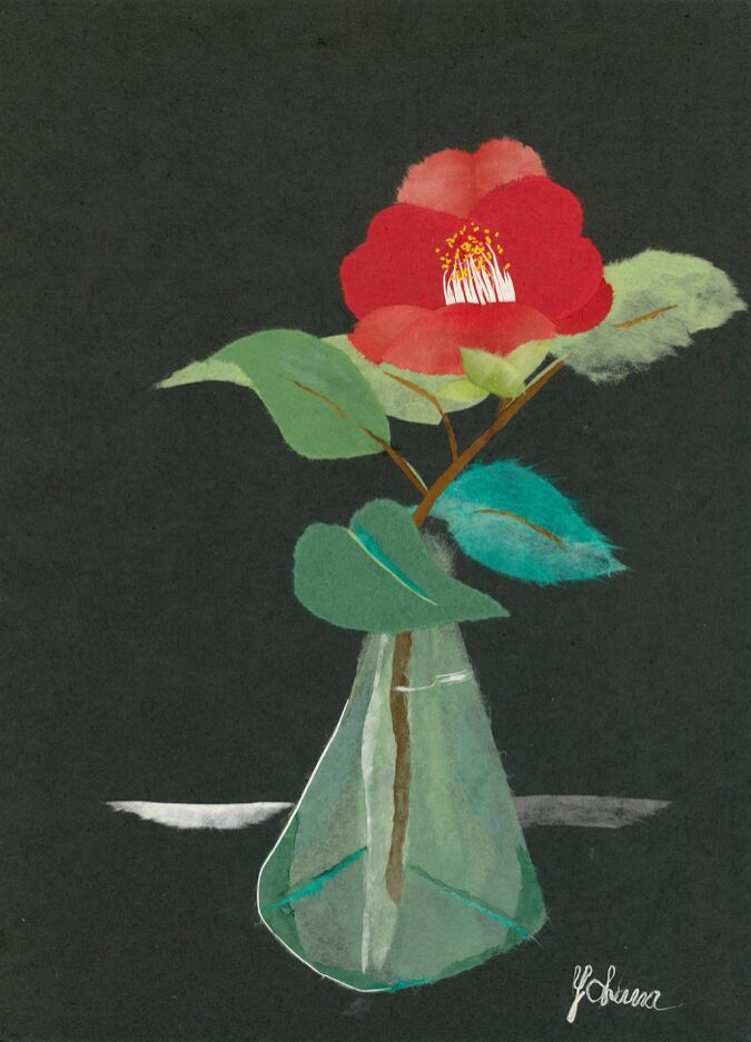 作品番号 741 椿の花の一輪挿し (貼り絵) | 絵手紙の杜(Gallery
