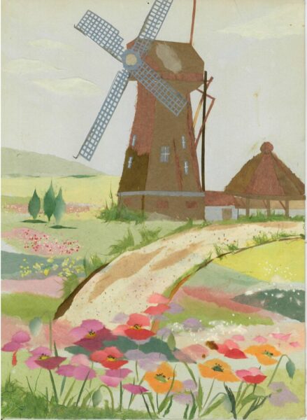 作品番号 733 風車のある風景 (貼り絵) | 絵手紙の杜(Gallery of Watercolor on Postcard)